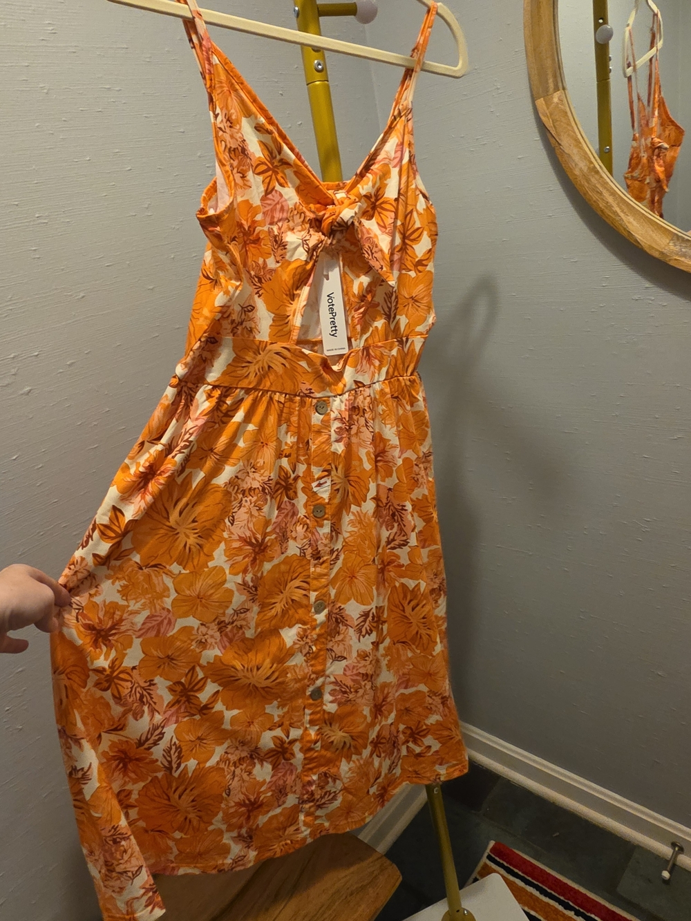 Orange Floral Midi Dress with Twist Front and Button Skirt